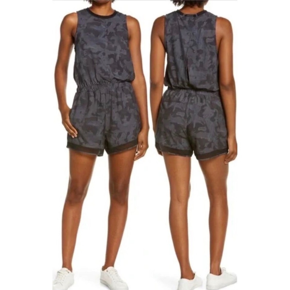 Zella Gateway Blouson Romper Size L Black Gray Camo Athleisure Pockets Active